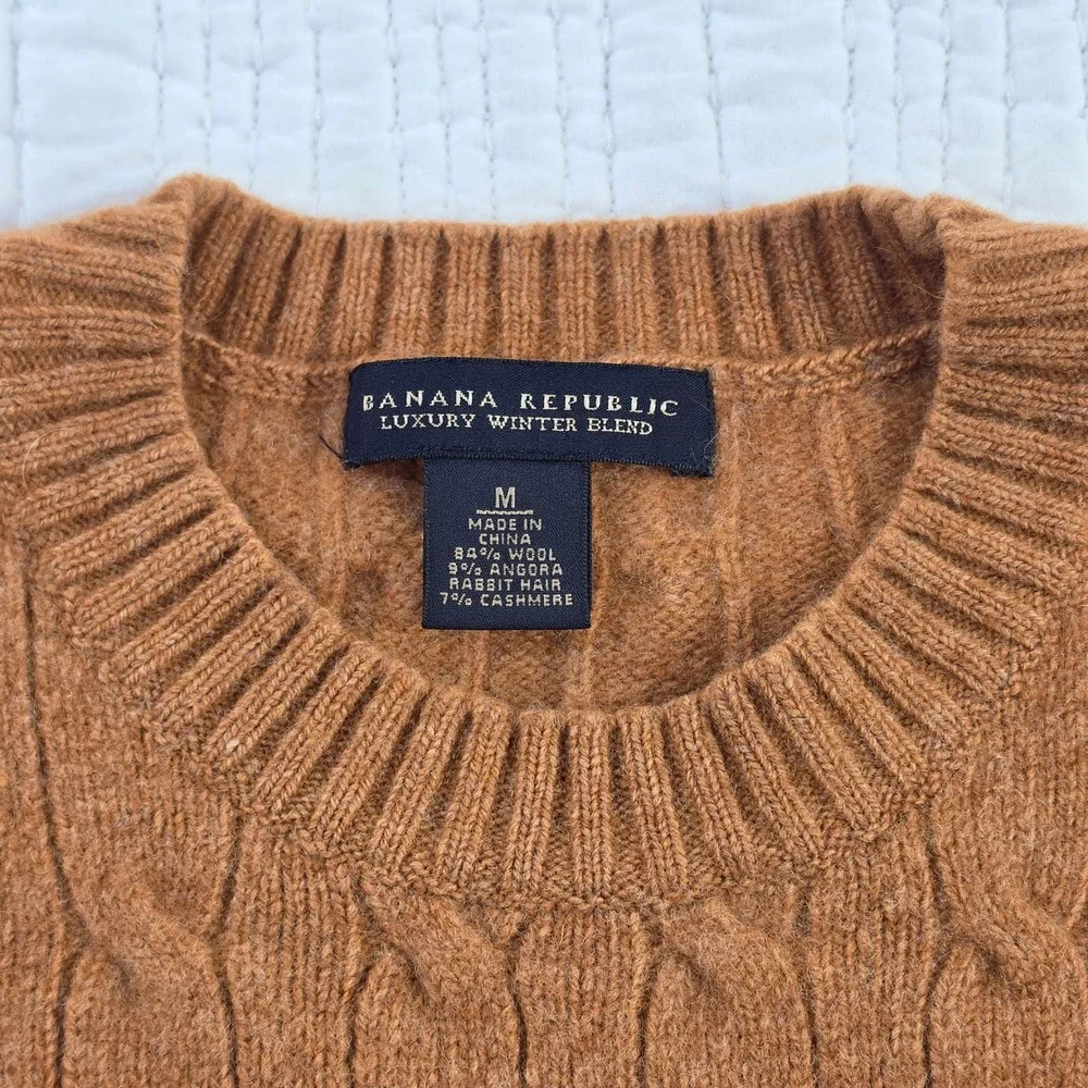 Banana Republic Angora Cashmere Wool Cable Knit Sweater Camel Mens M Flawed